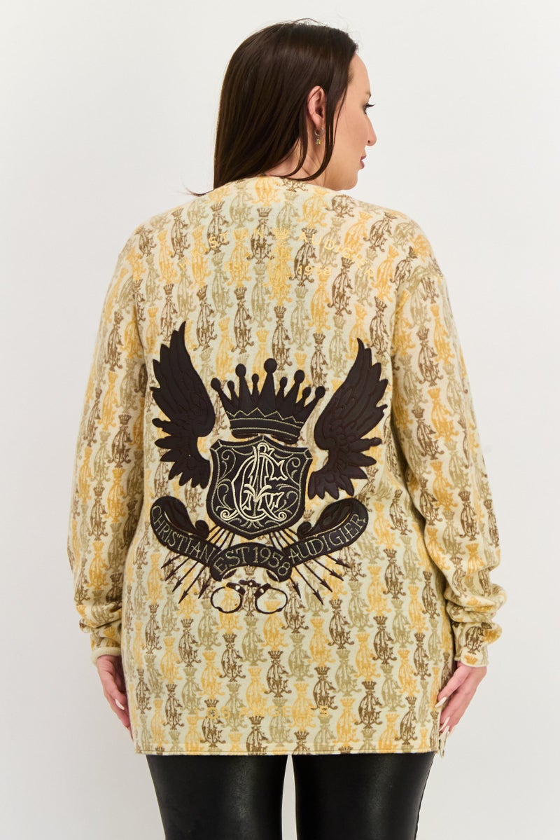 CHRISTIAN AUDIGIER Women V Neck Long Sleeve Allover Print Sweater, Off White Combo - Image 3